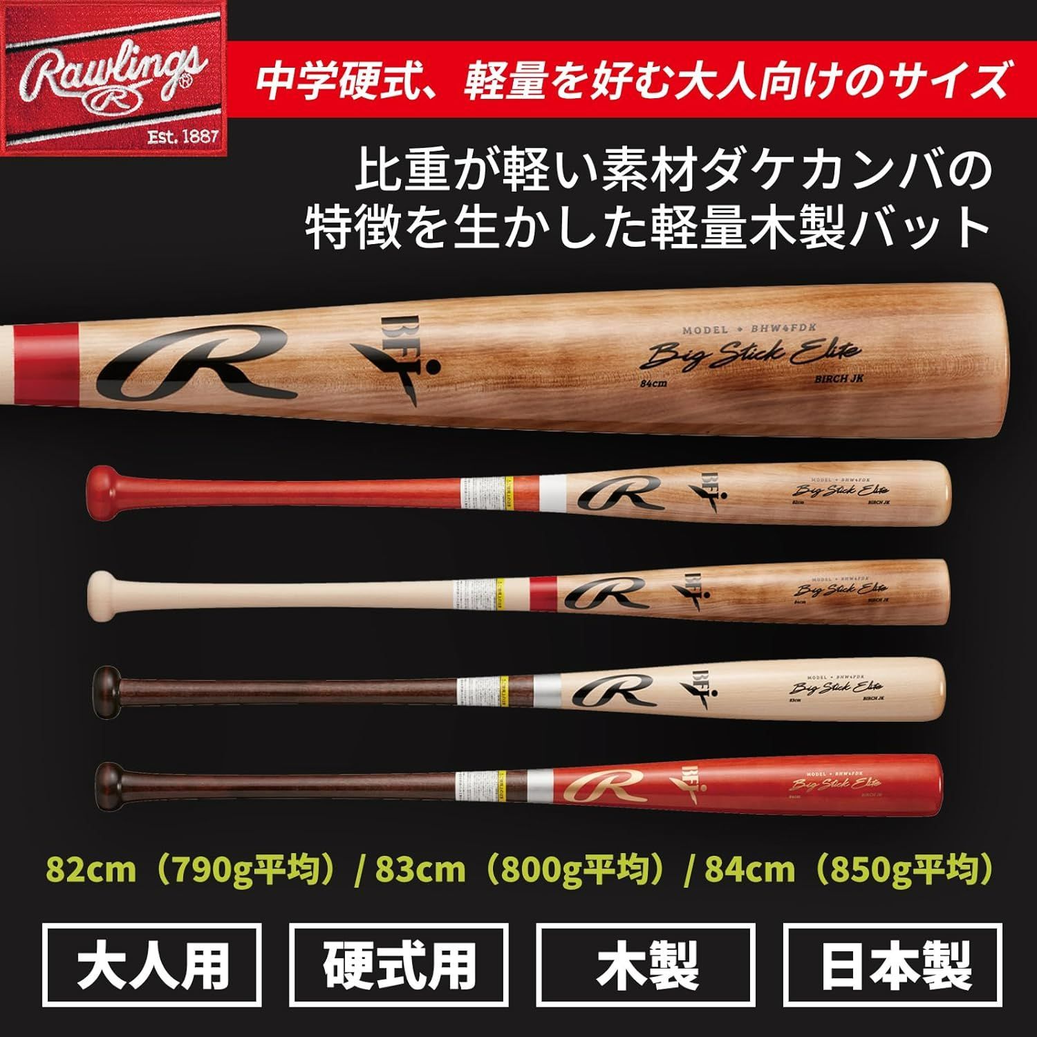 硬式木製バット 軽量 野球 ローリングス 大人 ダケカンバ バーチ BIG