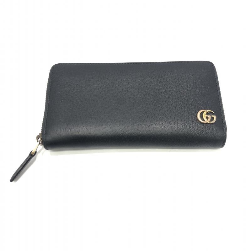 中古】GUCCI GGマーモント ラウンドジップウォレット レザー ブラック  