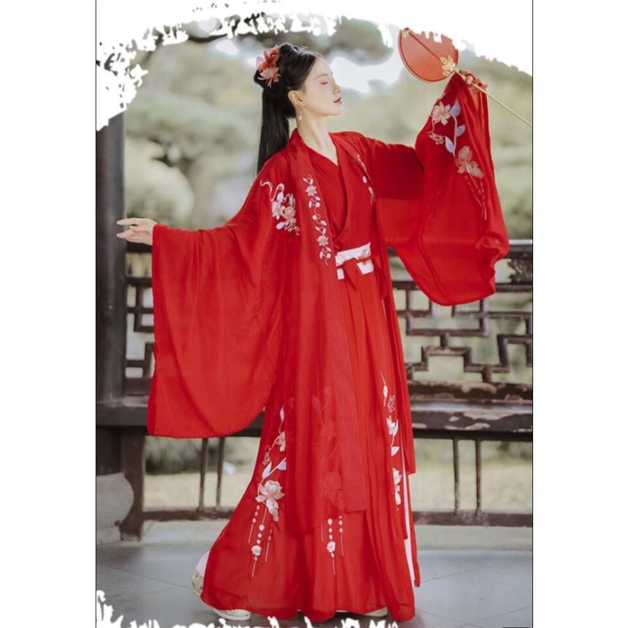 赤系刺繍中華風豪華チャイナドレス 漢服 中国古代衣装 中国伝統古典漢服唐装 中華コスプレ衣装 イベント演出衣装 二次元宮廷唐時代衣