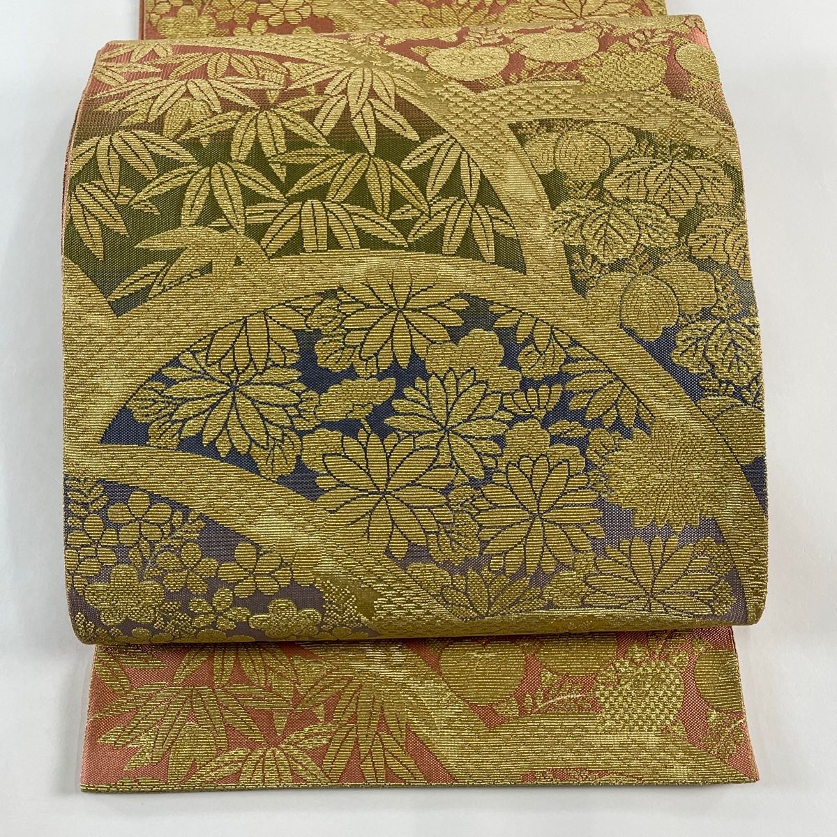 袋帯 名品 能衣青海波菊笹文様 輪奈織 金糸 金色 全通 正絹