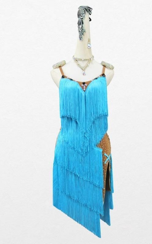 社交ダンスドレス ラテンドレス 競技 デモ用 空ブルー オーダーメイド