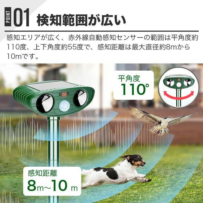 動物撃退器 猫避け 超音波【2024モデル】害獣撃退 鳥よけ 犬よけ ネズミ除け ソーラー充電 PIR赤外線センサー 10m感知範囲  13KHZ-45KHZ IP64防水 畑保護 糞対策 CE/FCC/Rohs/PSE認証(グリーン) - メルカリ