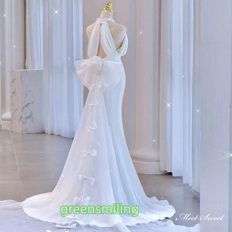 ウェディングドレス サテン 2次会 前撮り Aライン 肩リボン ロング