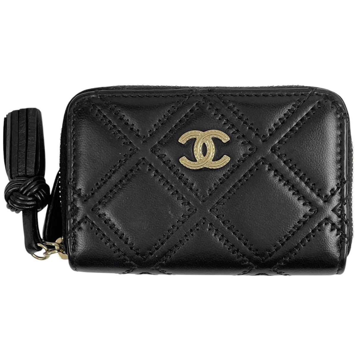 シャネル CHANEL ココマーク ラウンドファスナー カードケース フリンジ ステッチ 財布 カードケース レザー ブラック レディース