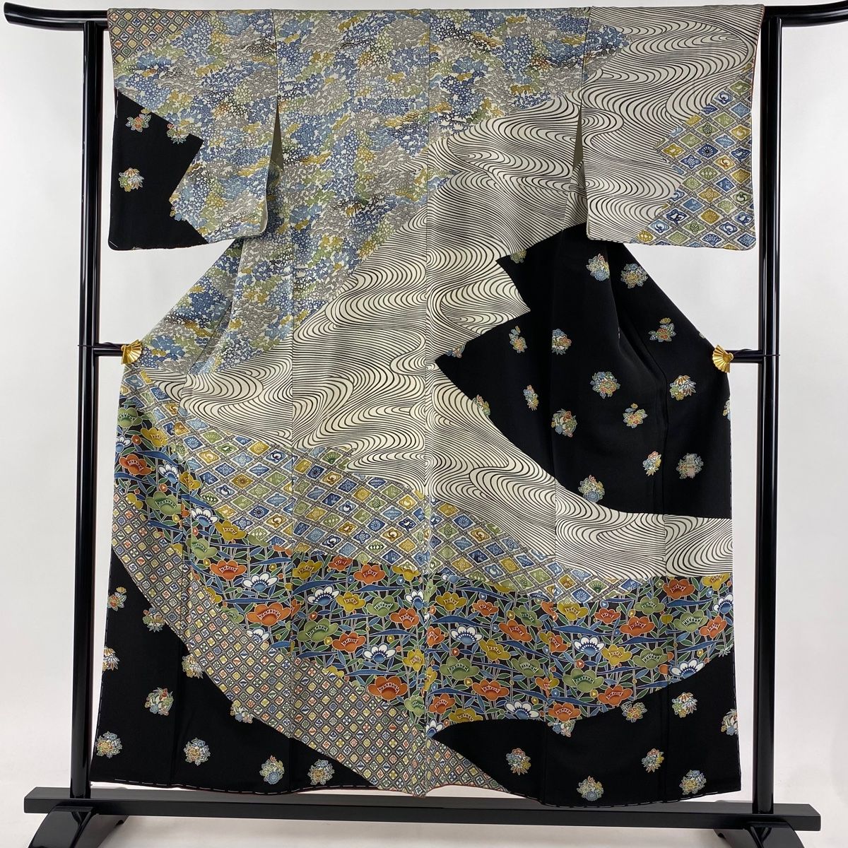 訪問着 身丈154.5cm 裄丈63cm S 袷 五味桂子 落款 松竹梅 流水 茶緑色 正絹