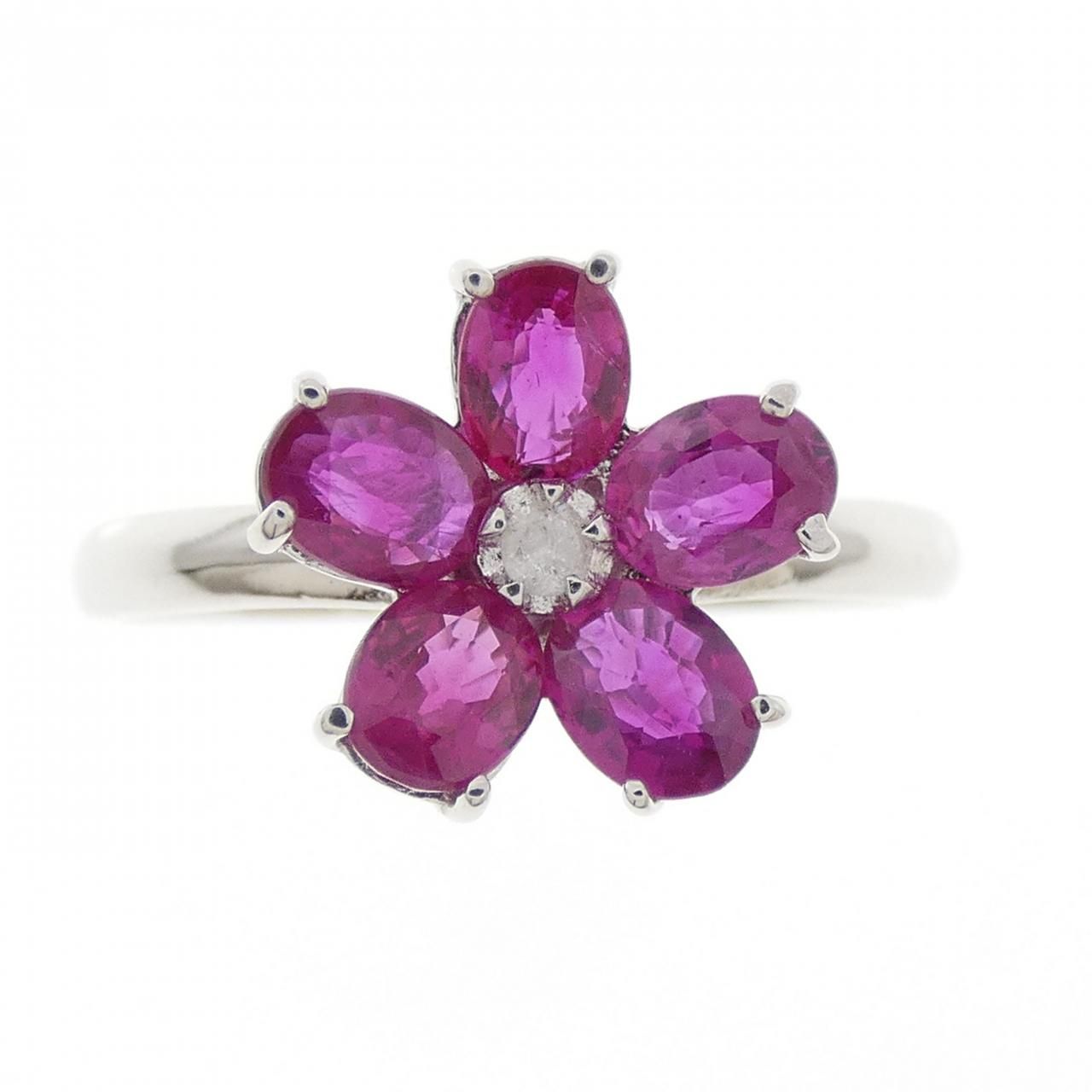 K18WG フラワー ルビー リング ルビー ダイヤモンドフラワーモチーフ  