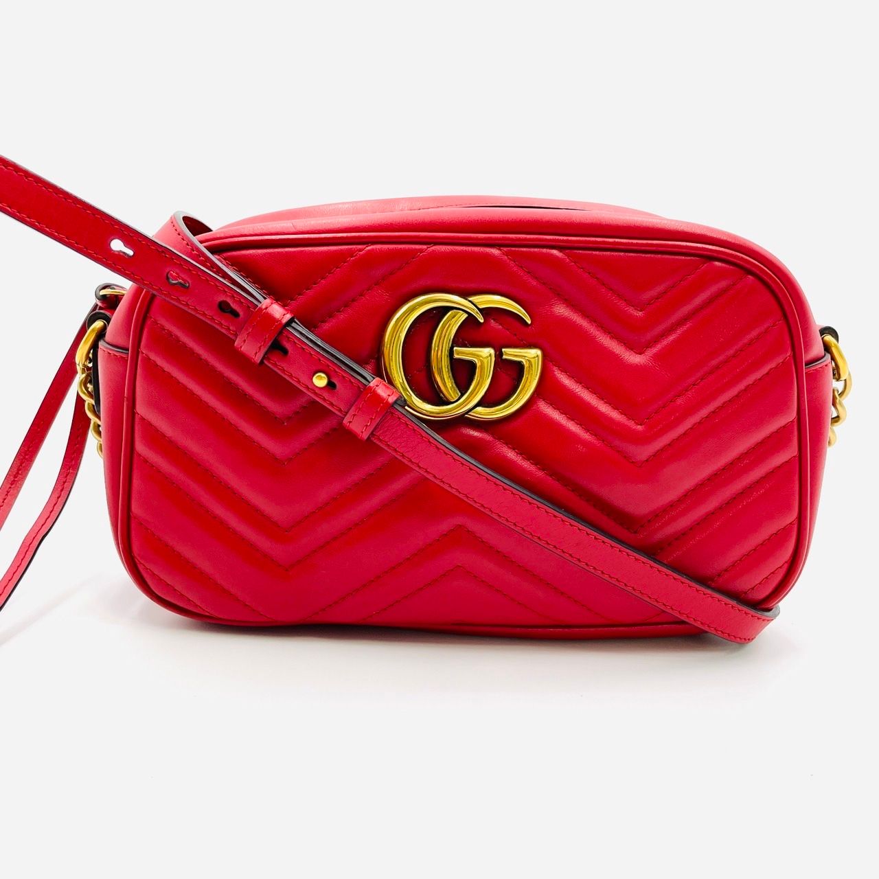 グッチ GUCCI チェーンショルダーバッグ GGマーモント 赤 ベロア レッド ゴールド金具 7-4-268