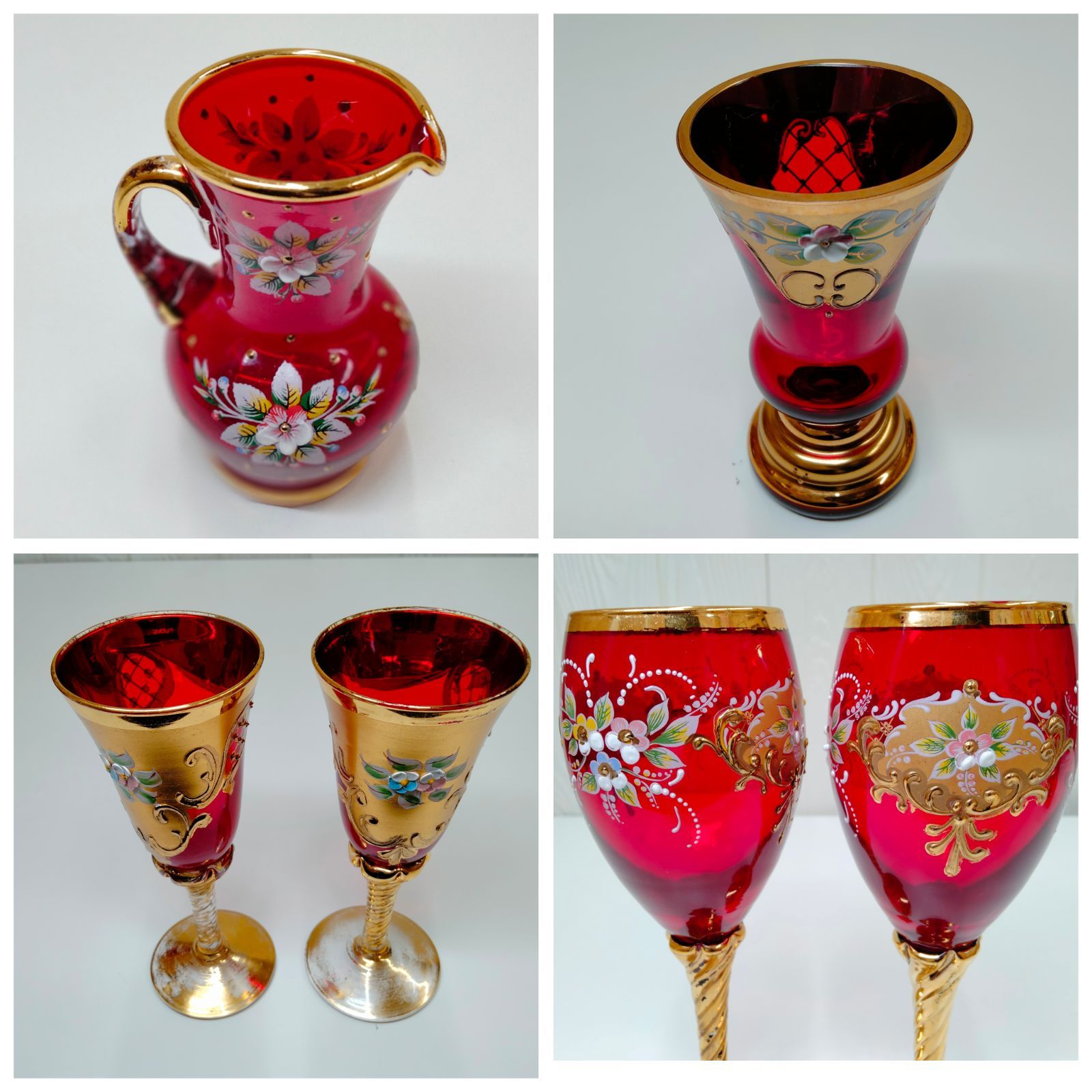 【ベネチアングラス】赤金彩美しいキャンディポット　アンティーク　ガラス工芸品 希少 高級グラス】ベネチアングラス 金彩装飾 デキャンタ 水差し