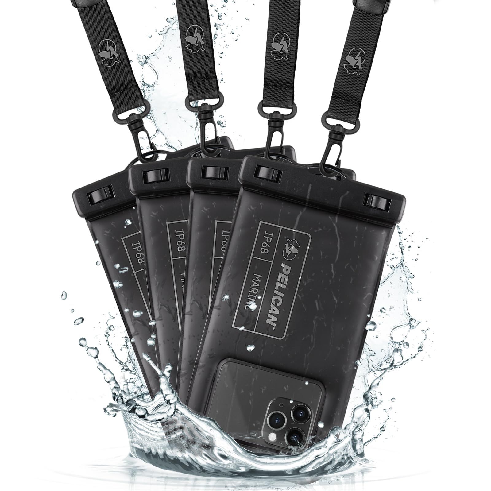 4個セット 〔最大 ノーマルサイズ 6.7 インチ 防水ケース スマートフォン対応〕 防水ポーチ Marine Waterproof スマホ Floating ペリカン Pouch (防塵防水規格最高等級) - Stealth IP68 Black 【Peli