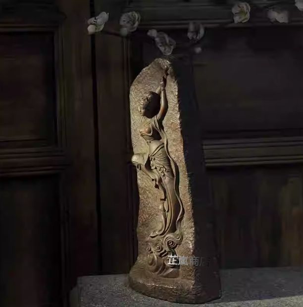 石造 敦煌飛天 浮彫りが琵琶を弾きま仕女 装飾品 禅意 卓上置物