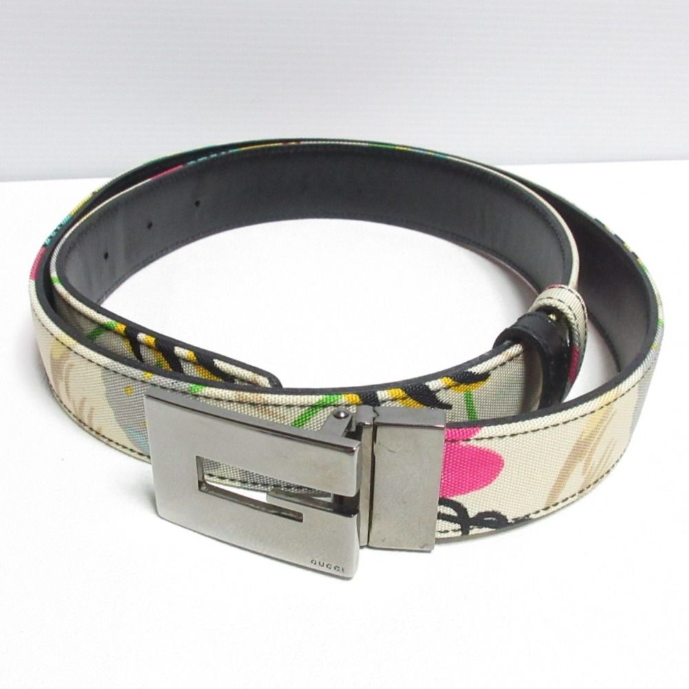 GUCCI グッチ フローラル 花柄 Gバックル トップ式 ベルト 90|36 036 1766 ベージュ系×シルバー金具 レディース 古着