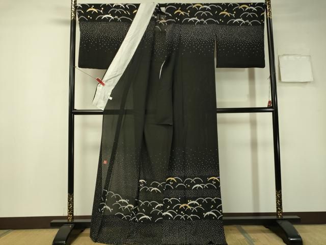 平和屋着物＊夏物　ファッションデザイナー 花井幸子　訪問着　絽縮緬　芝草横段文　黒地　金銀彩　正絹　逸品　CAAS8364vp 平和屋着物＊夏物 ファッションデザイナー 花井幸子 訪問着 絽縮緬