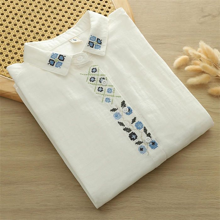 ブラウス シャツ DOUBLE GAUZE EMBROIDERY SHIRT/ ダブルガーゼ刺繍シャツ レディース 刺繍 ガーゼ シャツ 長袖 2重ガーゼ シャツブラウス レディース