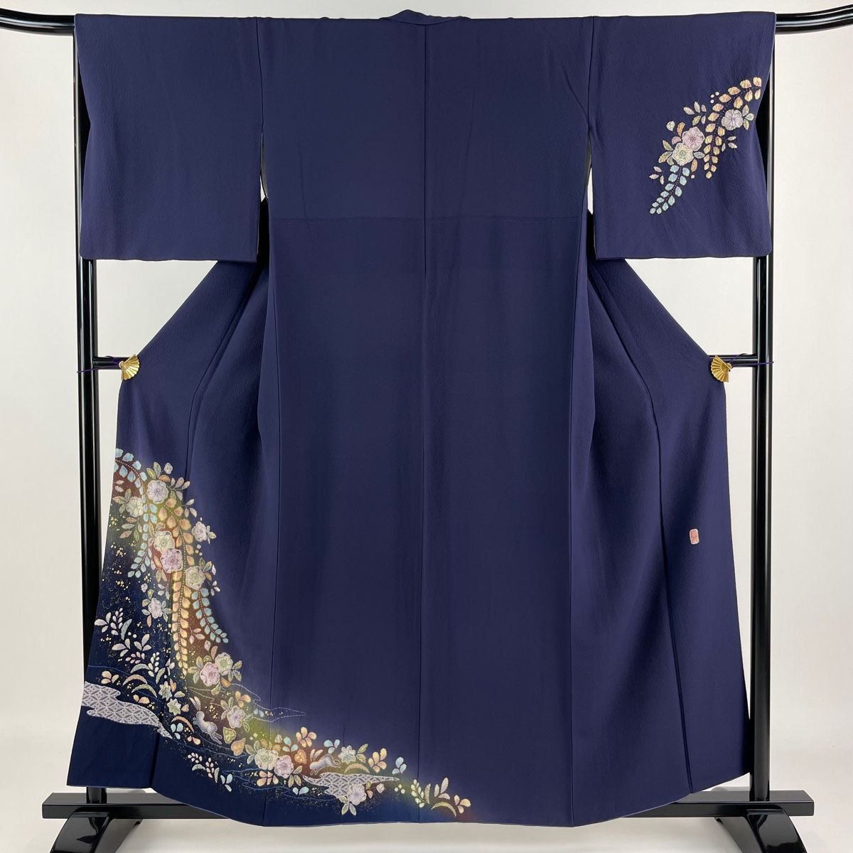 訪問着 辻が花柄 草花 金彩 ぼかし 紺色 正絹