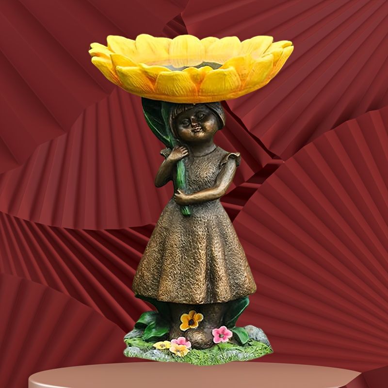 バードフィーダー 小鳥 野鳥 用 給餌器 餌箱 餌台えさ置き 置物 小鳥 可愛い 餌入れ 鳥 ガーデンオブジェ インテリア ガーデニング ペット食器 野鳥観察 大きいヒマワリを持っている少女 バード用品 インテリア雑貨 樹脂 STEELWINDOWSANDDOORS_COM