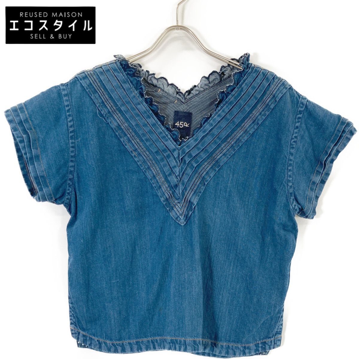 45R フォーティファイブ アール 7073054 ｲﾝﾃﾞｨｺﾞ ｺｯﾄﾝ×ﾘﾈﾝ 小麦ﾃﾞﾆﾑのﾀｯｸﾚｰｽTｼｬﾂ 表記無し