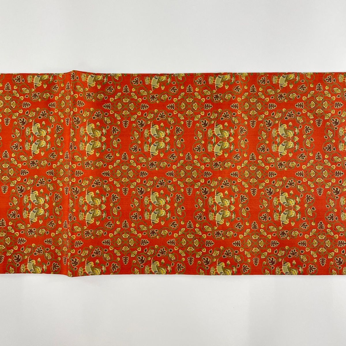 開き名古屋帯 名品 龍村美術織物 落款 鴛鴦 唐草 朱色 正絹 【中古