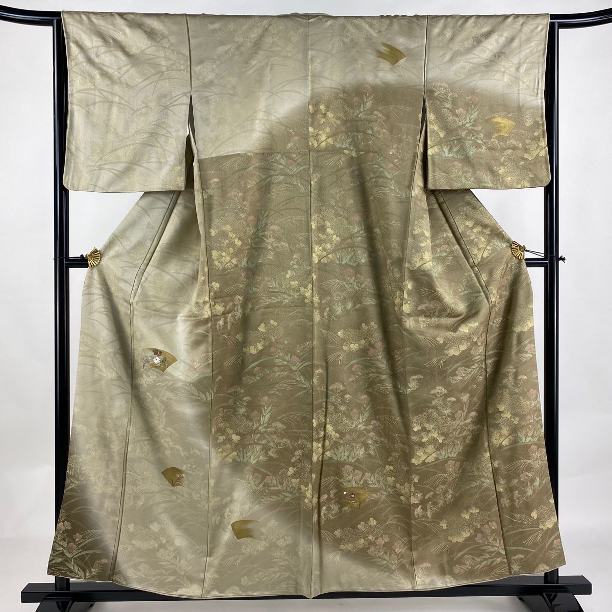 訪問着 身丈157cm 裄丈63.5cm S 袷 扇面 草花 刺繍 金糸 山吹茶色 正絹 秀品