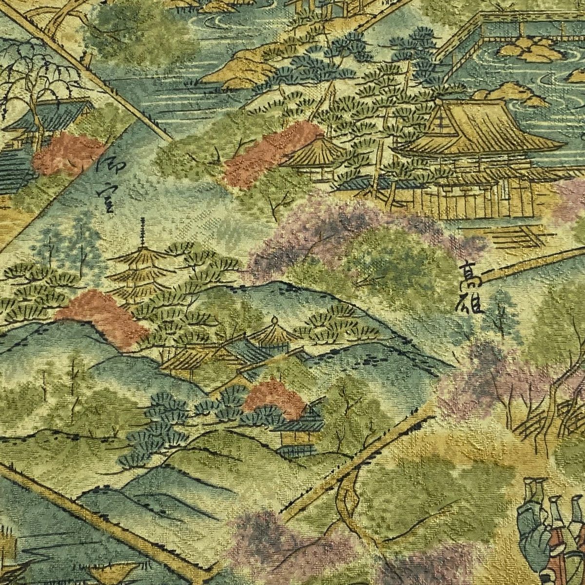 反物 秀品 小紋 風景 人物 よもぎ色 正絹