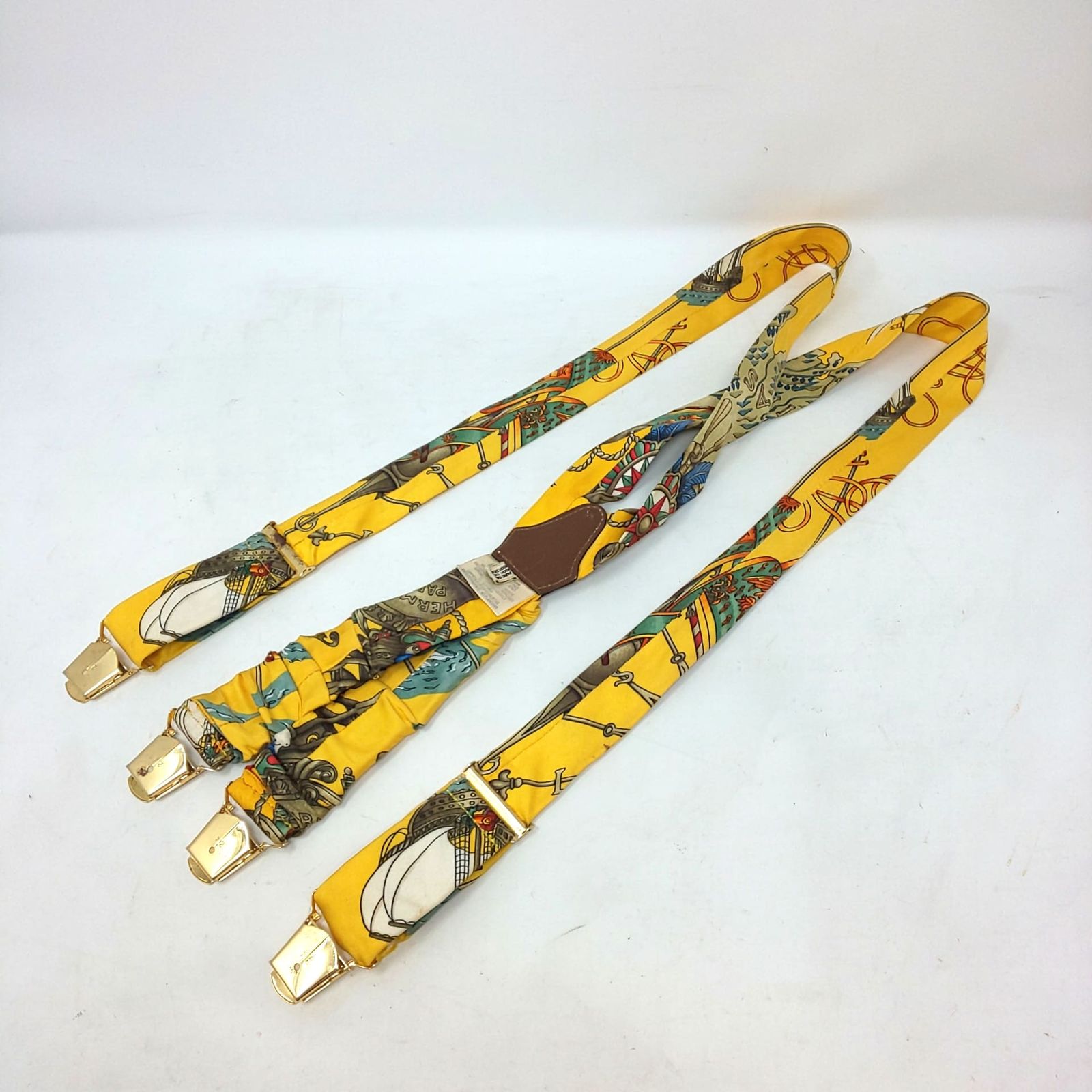 970B-03 HERMES エルメス シルク サスペンダー レザー 総柄 イエロー系 ゴールド金具 ブランド 服飾雑貨