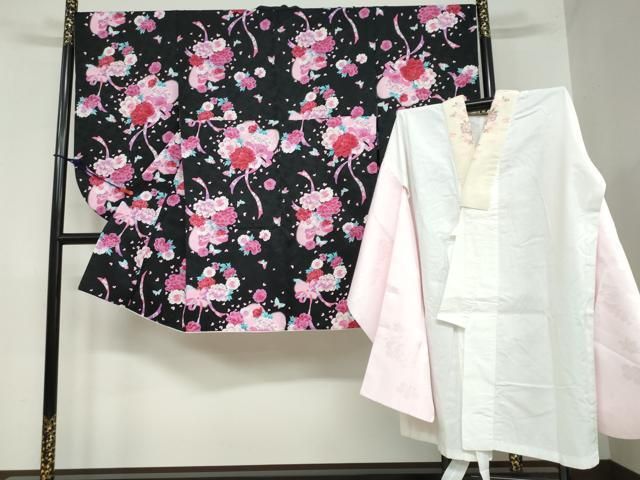 平和屋着物● anan ブランド 小振袖 二尺袖 長襦袢 無双仕立て セット 花蝶文 黒地 金彩 半衿刺繍 洗える着物 DAAW5665ud