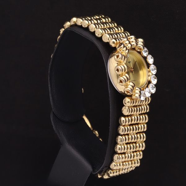 稼働 良品 WF QZ 石付 ラウンド ゴールド文字盤 レディース腕時計 YSD