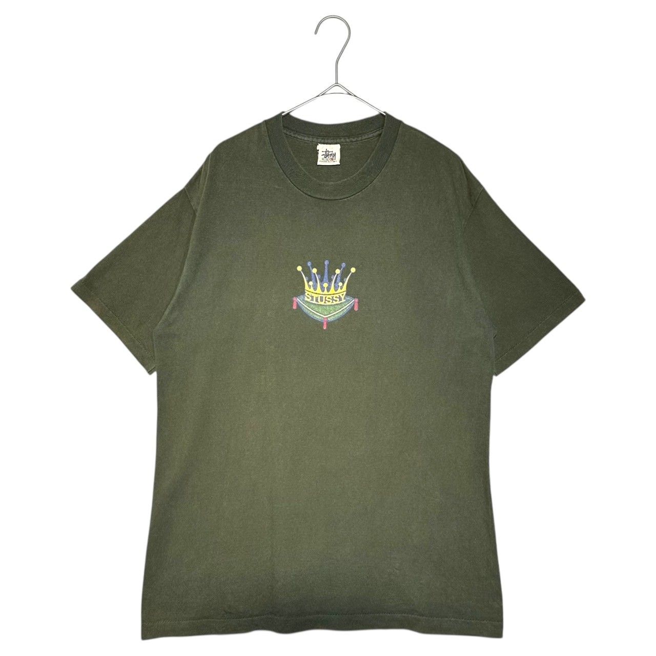 STUSSY(ステューシー) 90's White Tag Crown Logo Crew Neck T-Shirt 90年代 白タグ クラウン ロゴ クルーネック Tシャツ M カーキ