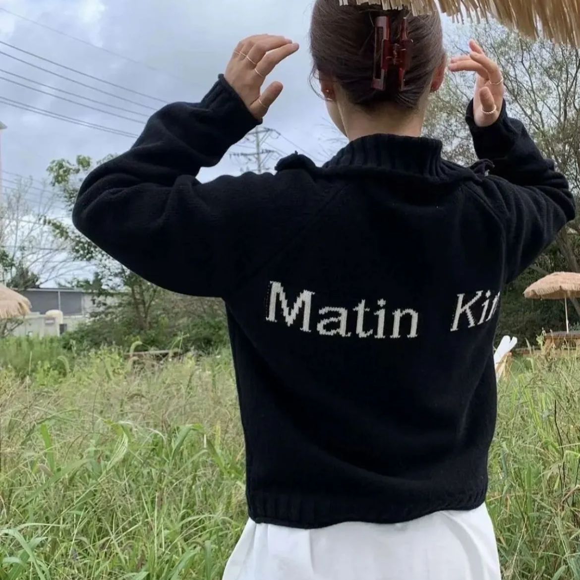 韓国 Matin Kim マーティンキム ジップアップニット 長袖 セーター カーディガン 防寒 ファスナー人気 Y2K ネイビー ブラック グレー