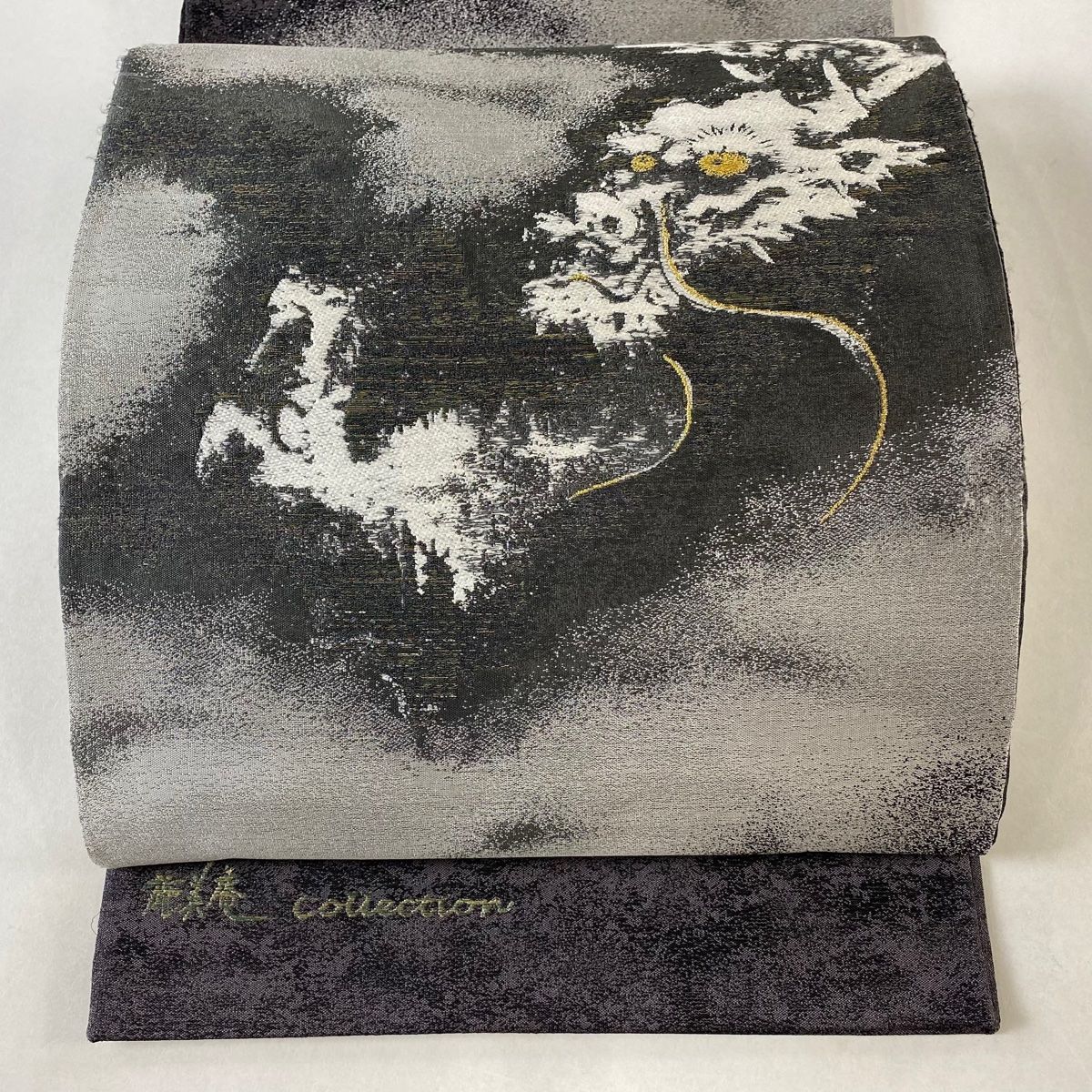 袋帯 関西仕立て 龍 波 金銀糸 刺繍 黒灰 お太鼓柄 正絹