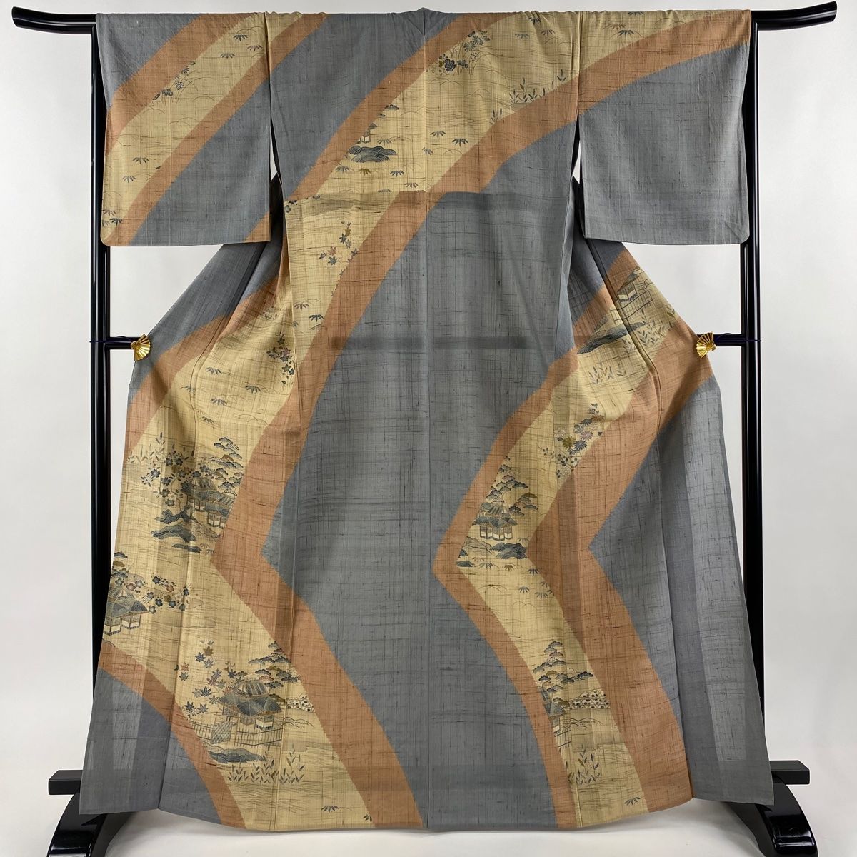 訪問着 身丈165.5cm 裄丈67.5cm L 単衣 紬地 建物 松竹梅 金彩 絞り 青灰色 正絹