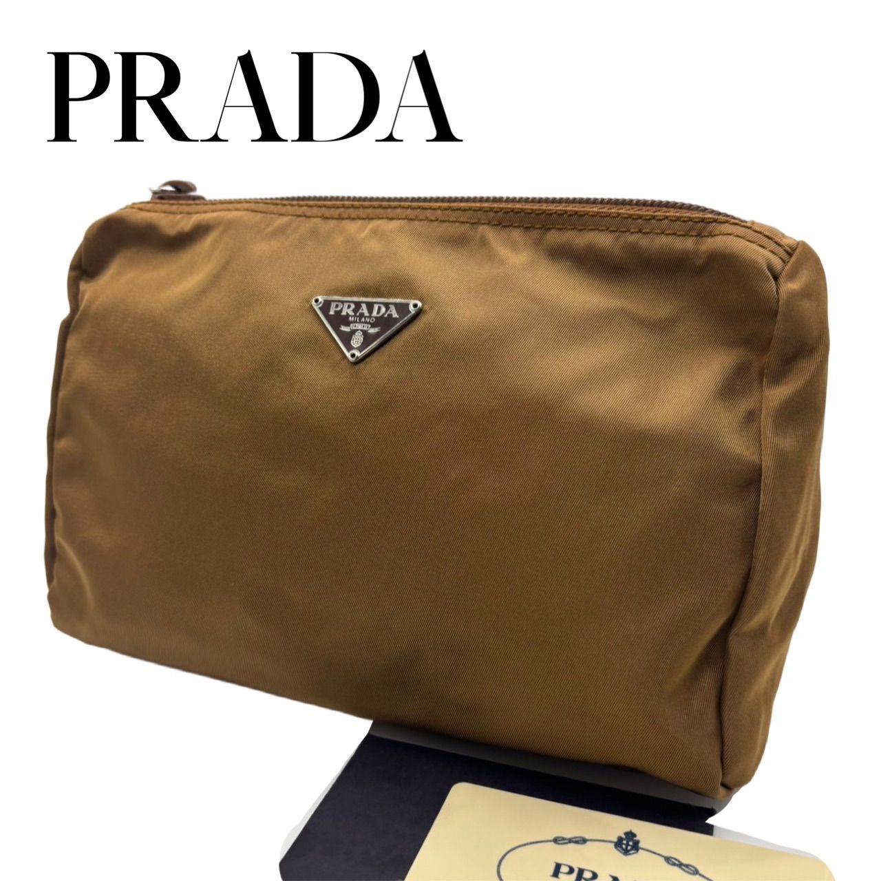 ♥い近い PRADA プラダ ポーチ MV11 ナイロン×レザー ブラウン TABACCO 三角プレート