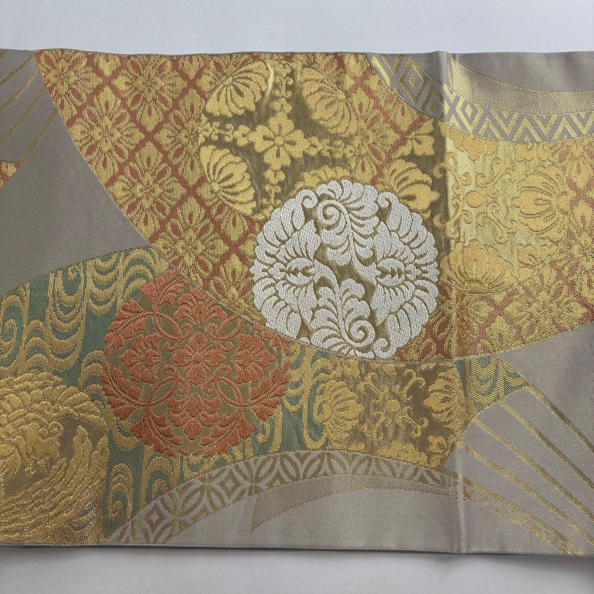 袋帯 名品 川島織物 落款 草花 扇 金糸 箔 金色 六通 正絹