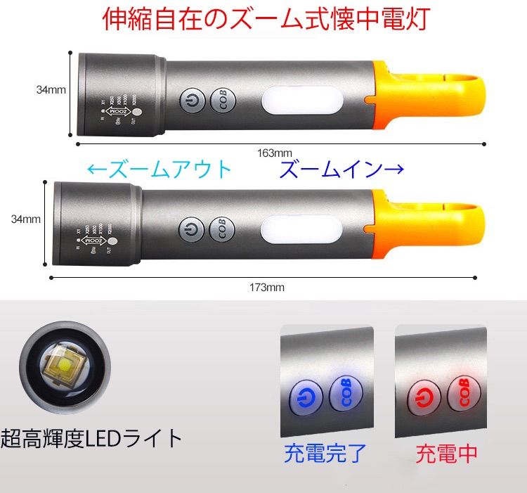 懐中電灯 超高輝度 強力 多機能 9種類照明モード LEDライト USB充電式 ハンドライト ズーム機能 ハンディライト IP65防水定格  最大照射距離1000ｍ 携帯フック付 キャンプ ハイキング ハンティング アルミ合金 - メルカリ