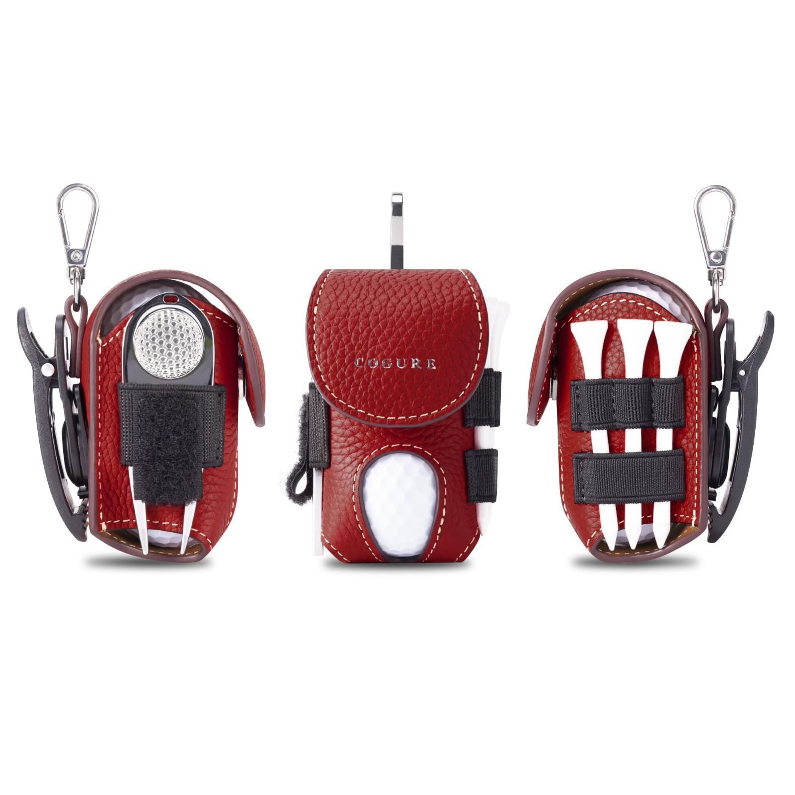 COGURE コグレ ゴルフボールケース 本革 メンズ レディース ボール2個収納 ティー収納 グリーンフォーク マーカー グローブホルダー 回転式クリップ ギフトボックス付き CopGBC-R 右腰タイプ レッド