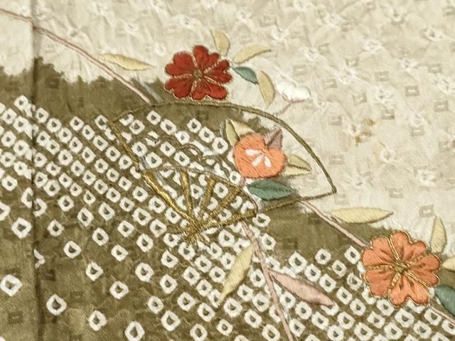 2895］訪問着 杢目絞り 刺繍 扇面花 金彩 正絹 着物 袷