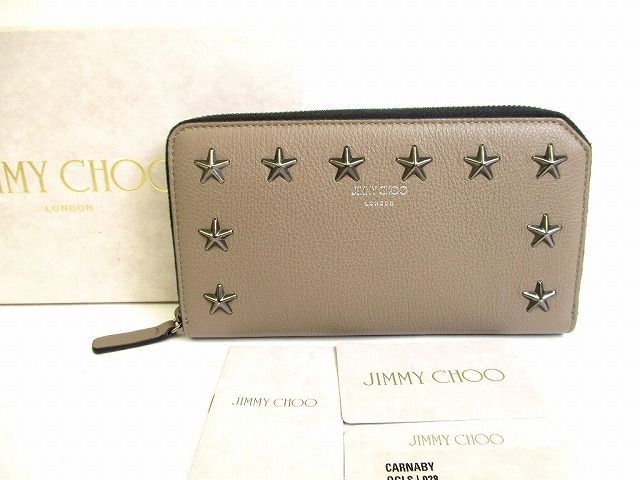 ジミーチュウ Jimmy Choo メタルスタッズ レザー ラウンドファスナー 長財布 メンズ レディース 【未使用保管品】