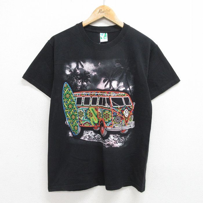 M/古着 半袖 ビンテージ Tシャツ メンズ 車 ワーゲンバス サーフボード コットン クルーネック 黒 ブラック 24jun03 中古