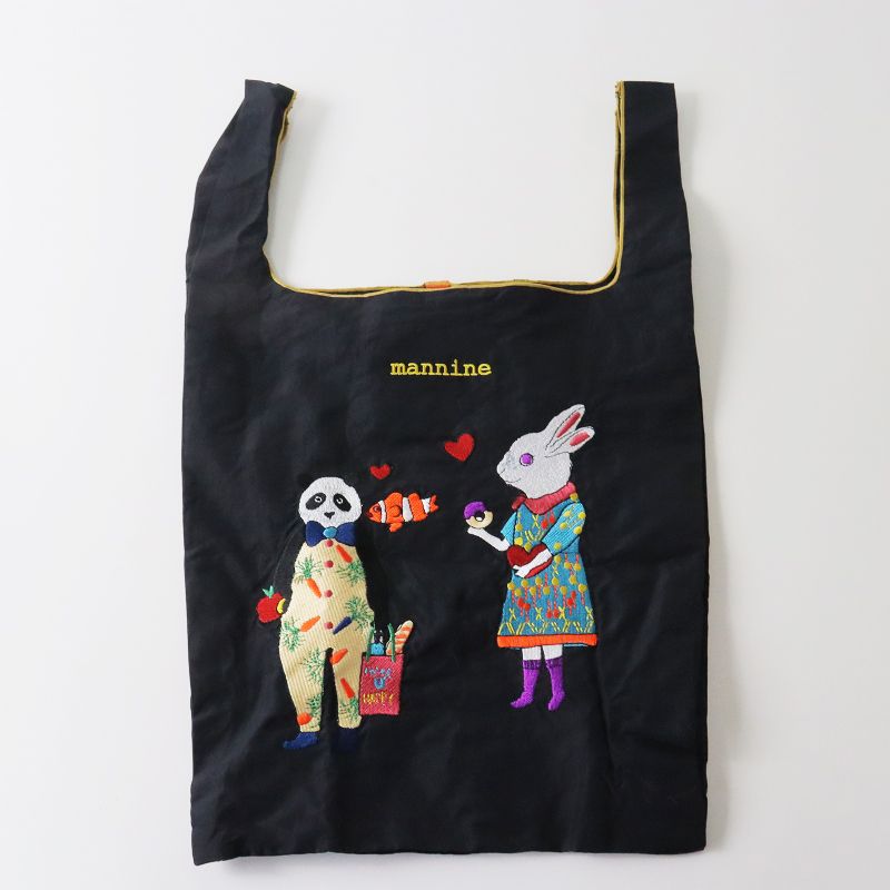 マンナイン　エコバッグ　ボールアンドチェーン　黒　刺繍　パンダ　うさぎ マンナイン エコバッグ ボールアンドチェーン 黒 刺繍 パンダ