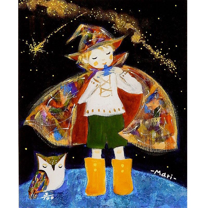 絵画 前田麻里 「オカリナを吹く少年」 ジグレー版画 額入り 限定100部