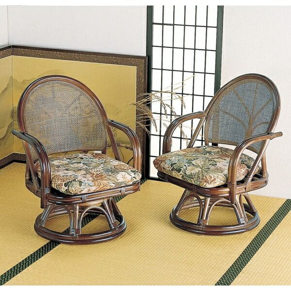 籐 回転座椅子 ハイタイプ 2脚組 イス チェア 座椅子 TK35 完成品 ラタン 今枝商店 リビング なごみ 温もり 洋室 和室 ジャガード セット