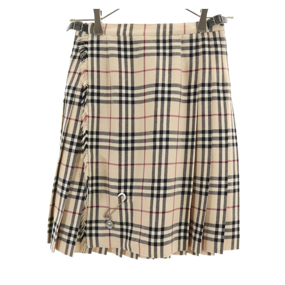 バーバリー 三陽商会 ウール チェック柄 ミディ丈 ラップスカート 160A ベージュ系 BURBERRY キッズ 古着 【240405】