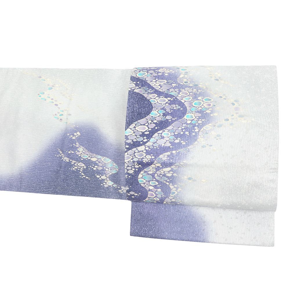 袋帯 中古 東京友禅 洒落袋帯 青 紫 ブルーグレー 波 海 正絹 西陣織