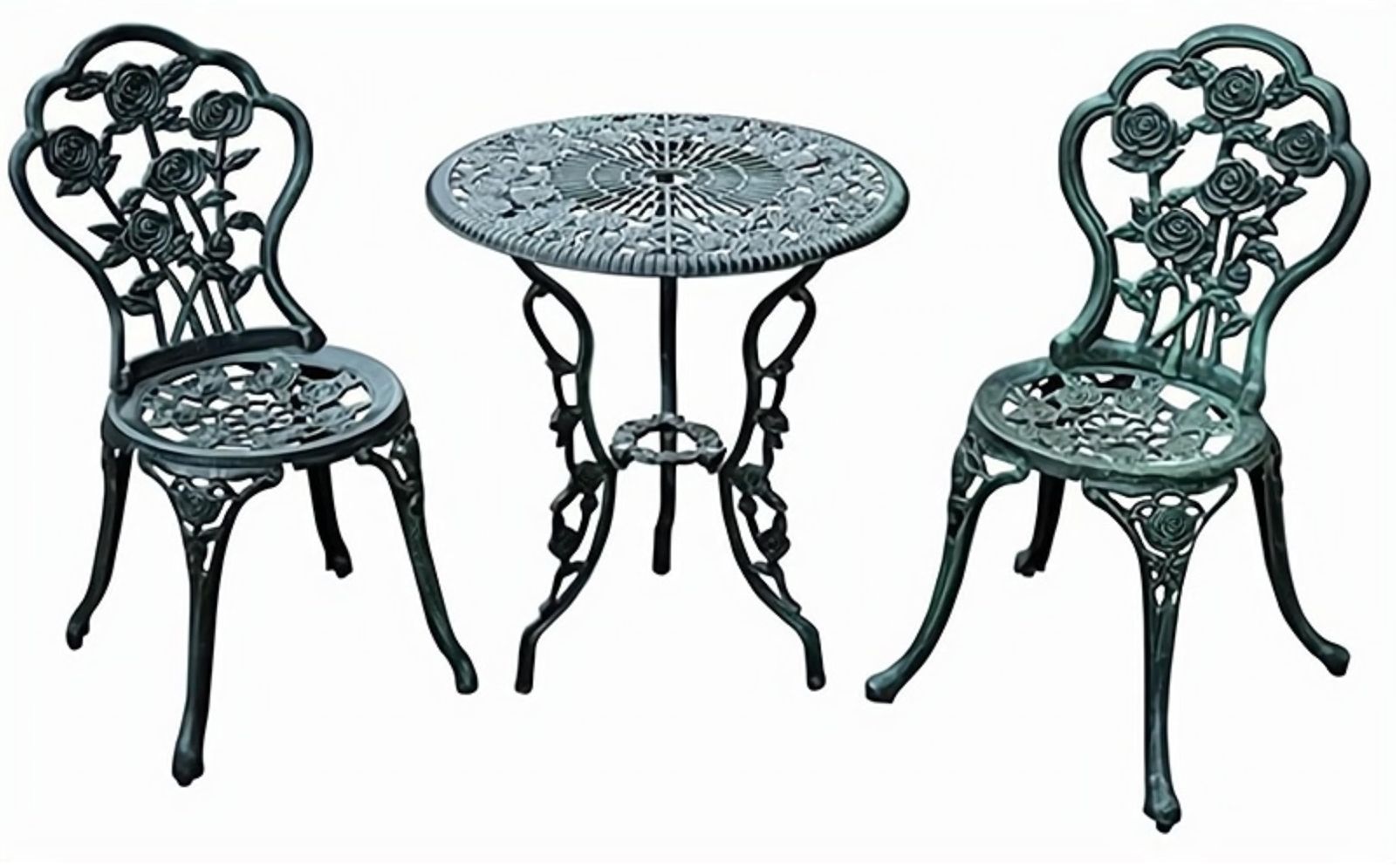 グリーン 滑り止め付 パラソル用ホール テーブル のあるパウダーコーティング 軽くてサビづらいアルミ鋳物製 バラの飾り 幅60×奥行60×高さ70cm おしゃれ カフェ風 チェア イングリッシュガーデン 3点セット ローズアルミガーデンテーブル-チェア