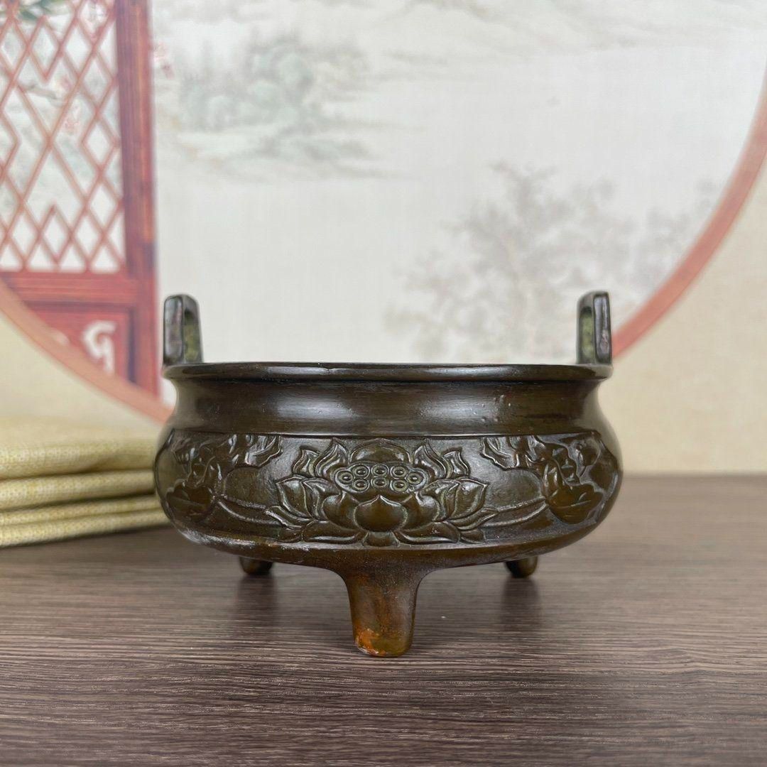 三足浮彫花香炉 仏具 銅製品 工芸品 置物 両耳鎏金浮