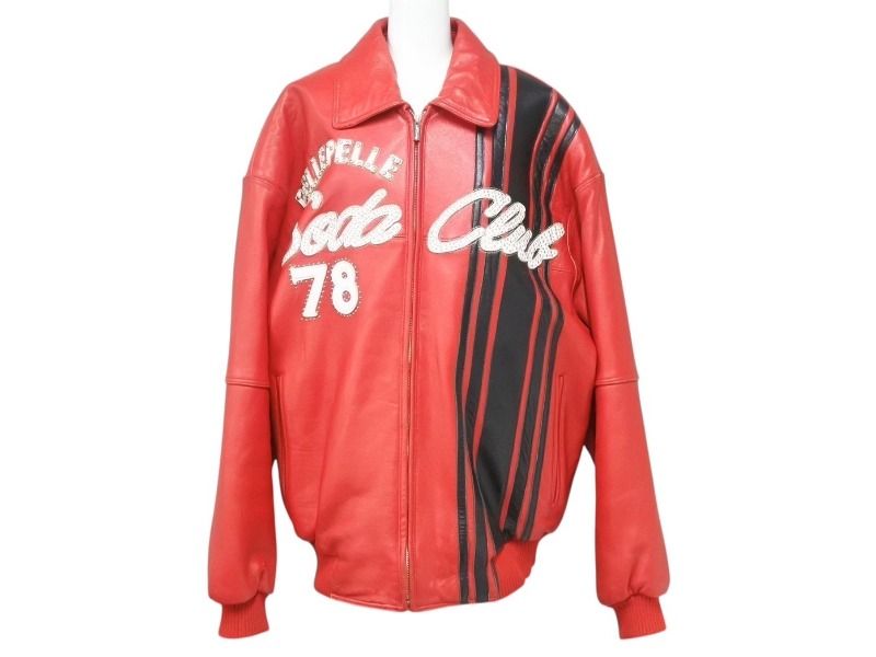 pellepelle ペレペレ SODA CLUB ソーダクラブ レザージャケット サイズ42 パッチ スタッズ ラインストーン レッド ブラック 4b003184