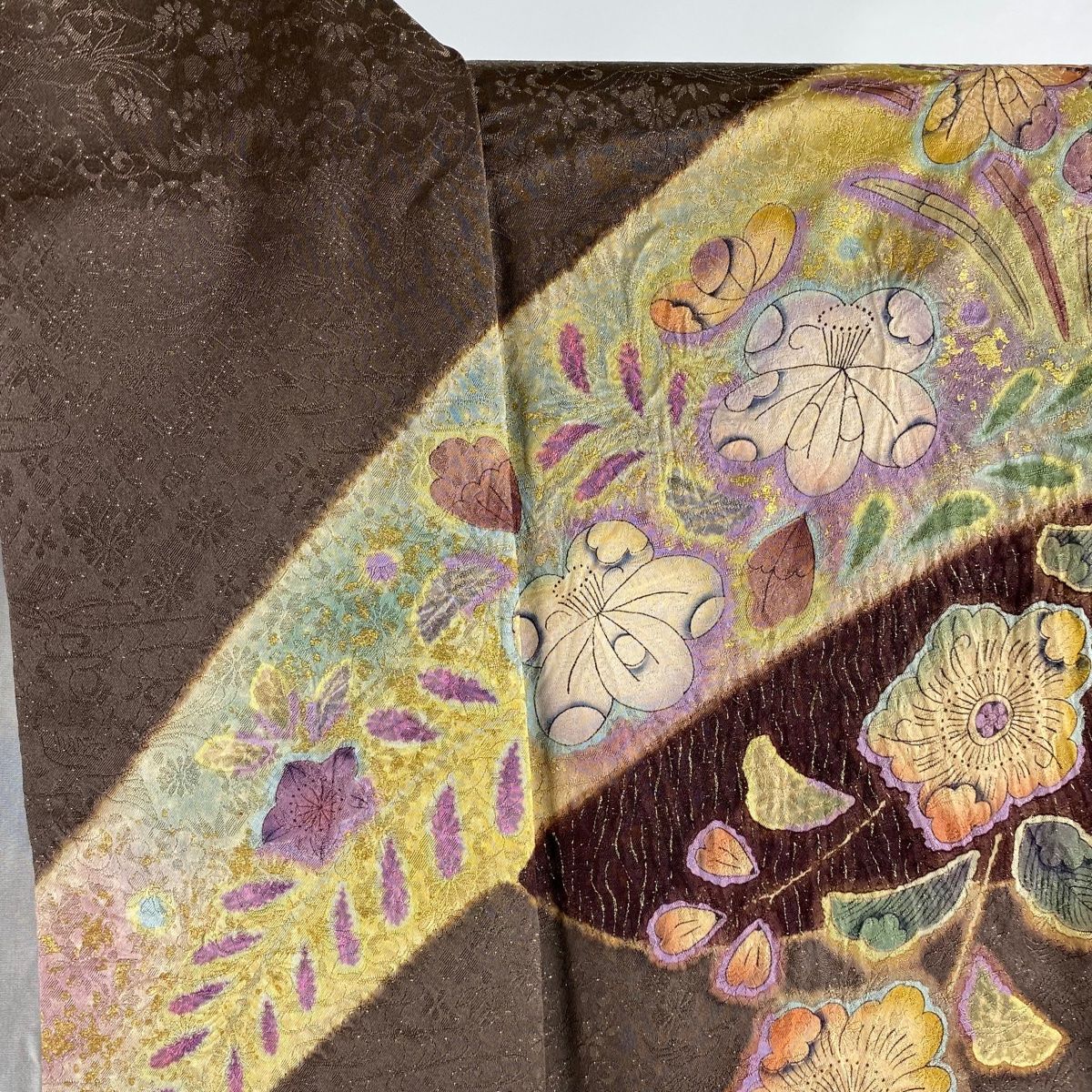 振袖 身丈163cm 裄丈68cm L 袷 辻ヶ花柄 金通し 金彩 焦茶色 正絹 美品  