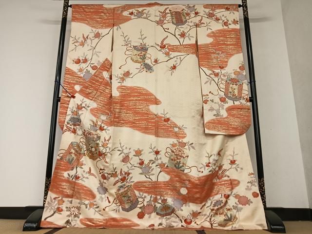 平和屋着物○十日町老舗ブランド 吉澤友禅 吾妻徳穂 振袖 駒刺繍 貝桶