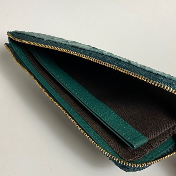 パイソン 長財布 ヘビ革 L字ラウンドファスナーゴールド グリーン