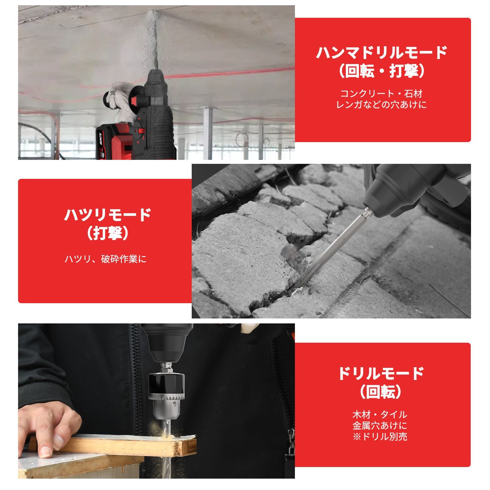 ナウィン 20V充電式ハンマドリル 7.5AH大容量バッテリー2個付 コードレス ブラシレスモーター 無段変速 3モード切替 石材 壁 金属 木材の穴あけ ハツリ 斫り 工事 豊富な 取扱説明書 収納ケース