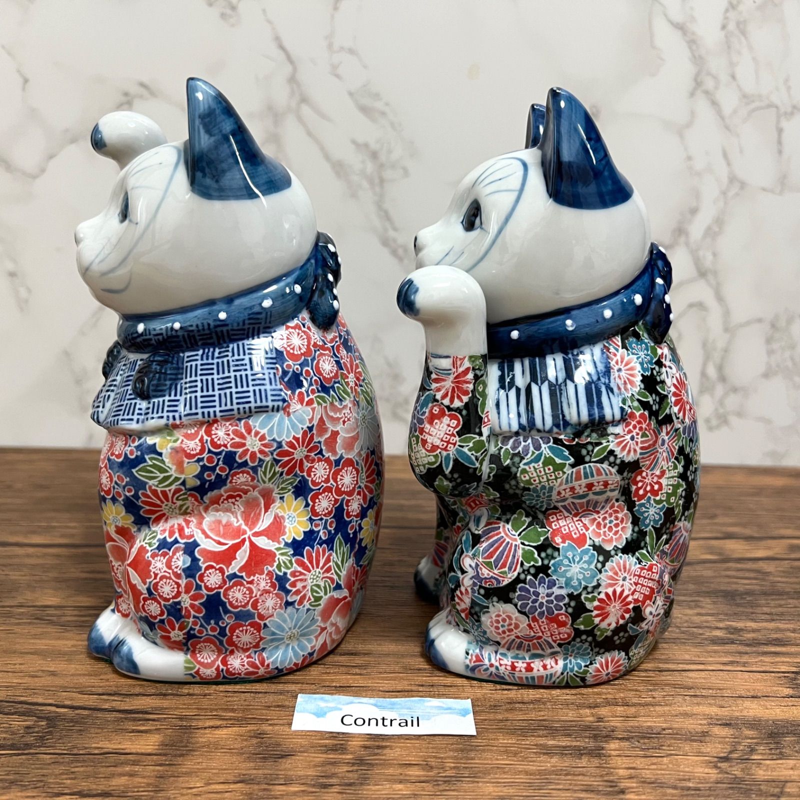 瀬戸焼】招き猫 友禅 磁器 左右 セット 17.5cm 縁起物 置物 金運招福